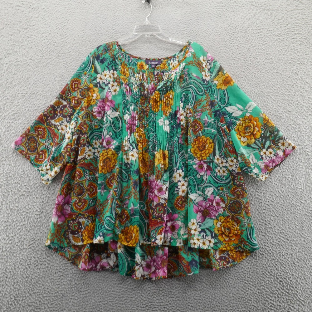 Roamans Womens Half Sleeve Chiffon Tunic Top 26W Green Yellow Womens Floral Boho